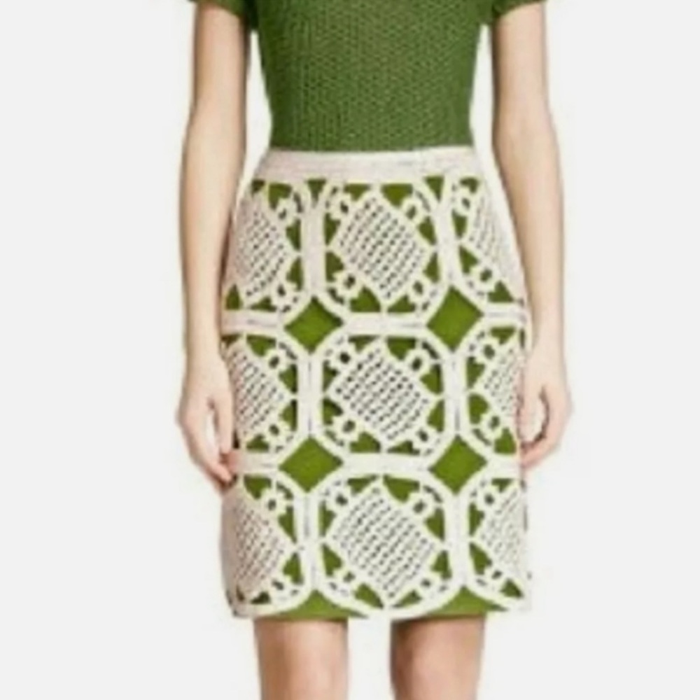 Tory Burch - Size S (4) - Pencil Skirt - Green/Cream - Crochet - Vintage Vibe